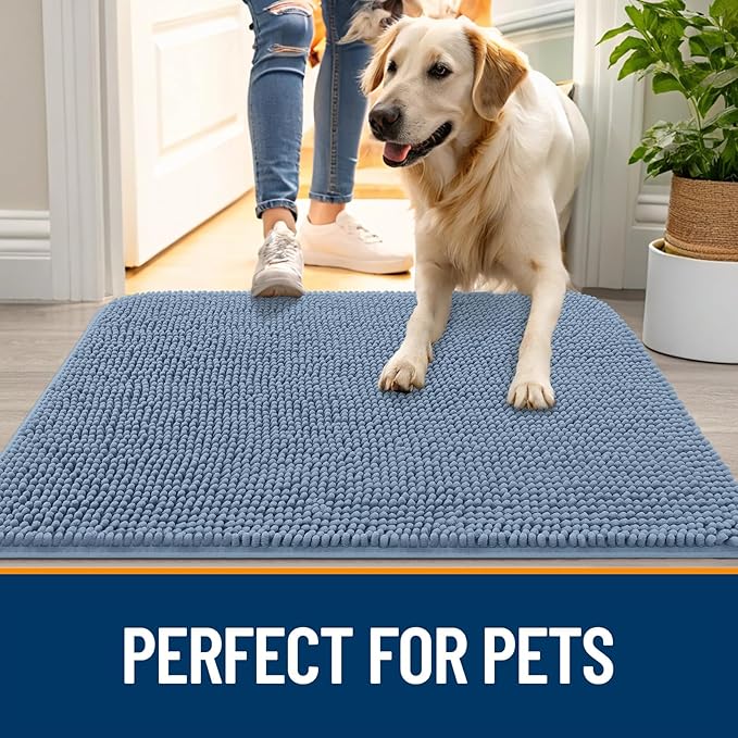 OLANLY Dog Door Mat for Muddy Paws 32x20, Absorbs Moisture and Dirt, Absorbent Non-Slip Washable Doormat, Quick Dry Chenille Mud Mat for Dogs, Entry Indoor Entryway Carpet for Inside Floor, Airy Blue