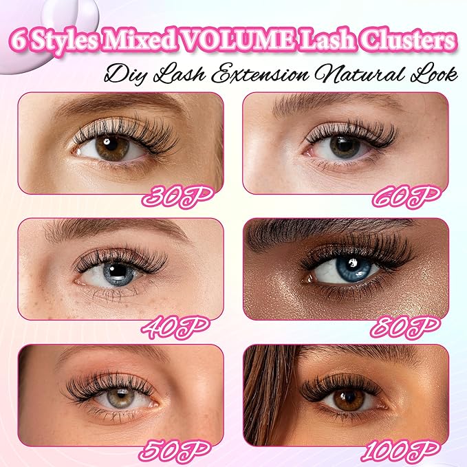 Fluffy Lash Clusters Kit Wispy Lash Clusters 595Pcs Individual Lashes Clusters Thin Band Lash Extension Kit Lash Glue and Lash Tweezers