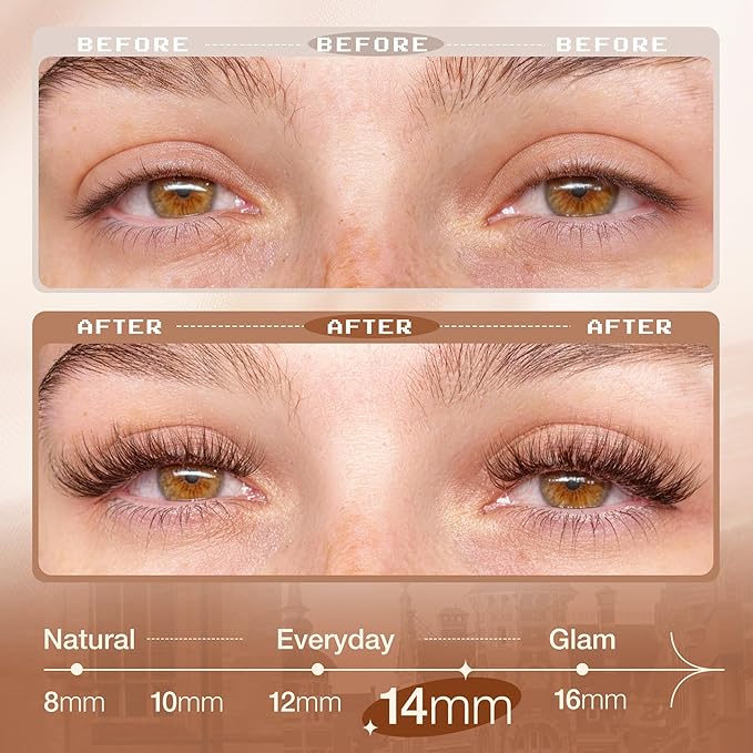 14MM Lash Clusters Brown Cluster Eyelash Extensions Natural Fluffy Individual Lashes C Curl Clear Band Cluster Lashes Reusable Wispy Dark Brown Lash Extensions For Full Glam