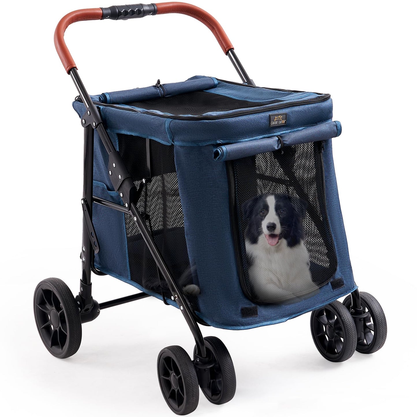 CANINE CANYON Scout Pet Stroller, Heavy Duty Dog Stroller for Large/Medium Dogs, Foldable Pet Stroller for 2 Small Dogs with All-Terrain Wheels, Storage Pocket & Cup Holder, 55 lbs Capacity, Navy Blue