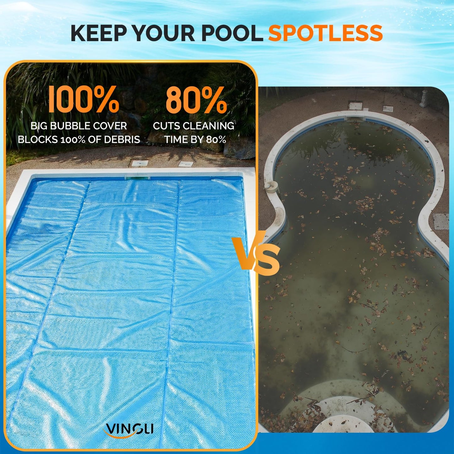 VINGLI 12Mil Solar Pool Cover, Rectangle Solar Blanket-Heavy Duty Solar Pool Cover for Above Ground Pool-Pool Solar Cover for Inground Pool (Blue, 12'x24' Rectangular)