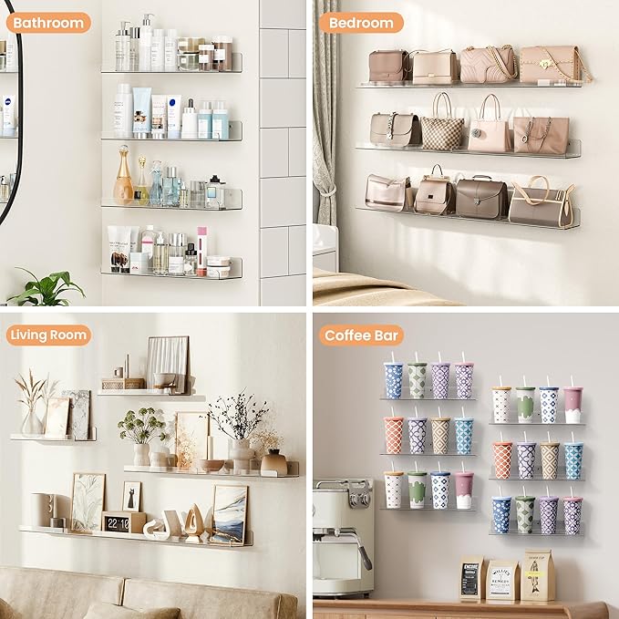 upsimples 6 Pack Acrylic Shelves for Wall Storage, 15" x 4Ã¢ÂÂ Floating Bookshelves for Kids, Display Shelf Organizer for Bathroom, Bedroom, Living Room, Kitchen, Room Decor, Clear