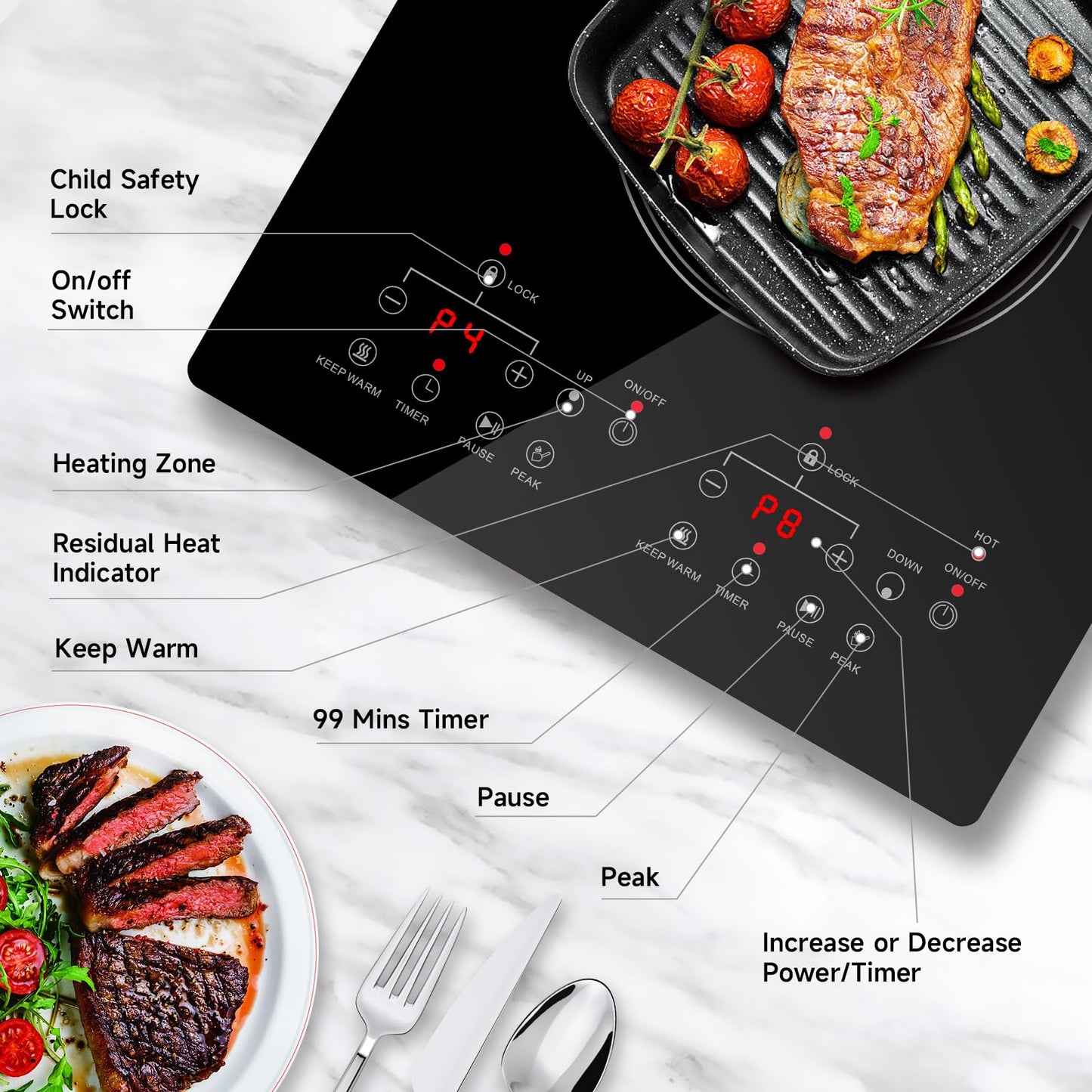 TYEMUI Double Burner Electric Cooktop Plug in 2000W, 110V~120V Countertop Stove, Electric Stove 2 Burner for Cooking, 110 volt Kitchen Stove 12inch Built-in Countertop with Timer, Peak, Pause