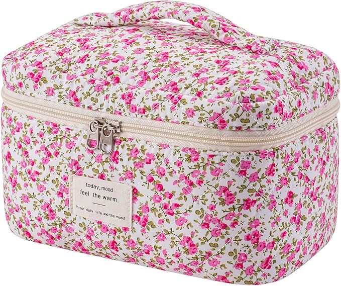 uekeboag Large Travel Quilted Makeup Bag for Women, Floral Cotton Cosmetic Bag, Coquette Aesthetic Floral Toiletry Organizer Bag