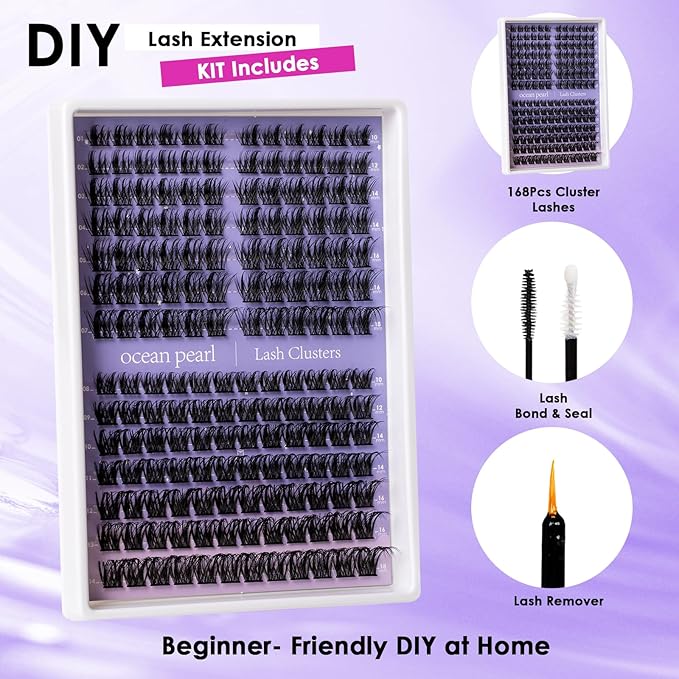 Ocean Pearl Lash Clusters Kit 168pcs,10-18mm manga/anime-inspired lashes clusters,spike-effect cluster lashes, Eyelashes,DIY Cluster Eyelash Extensions kit with lash bond+seal+remover+tweezers-M37+M30