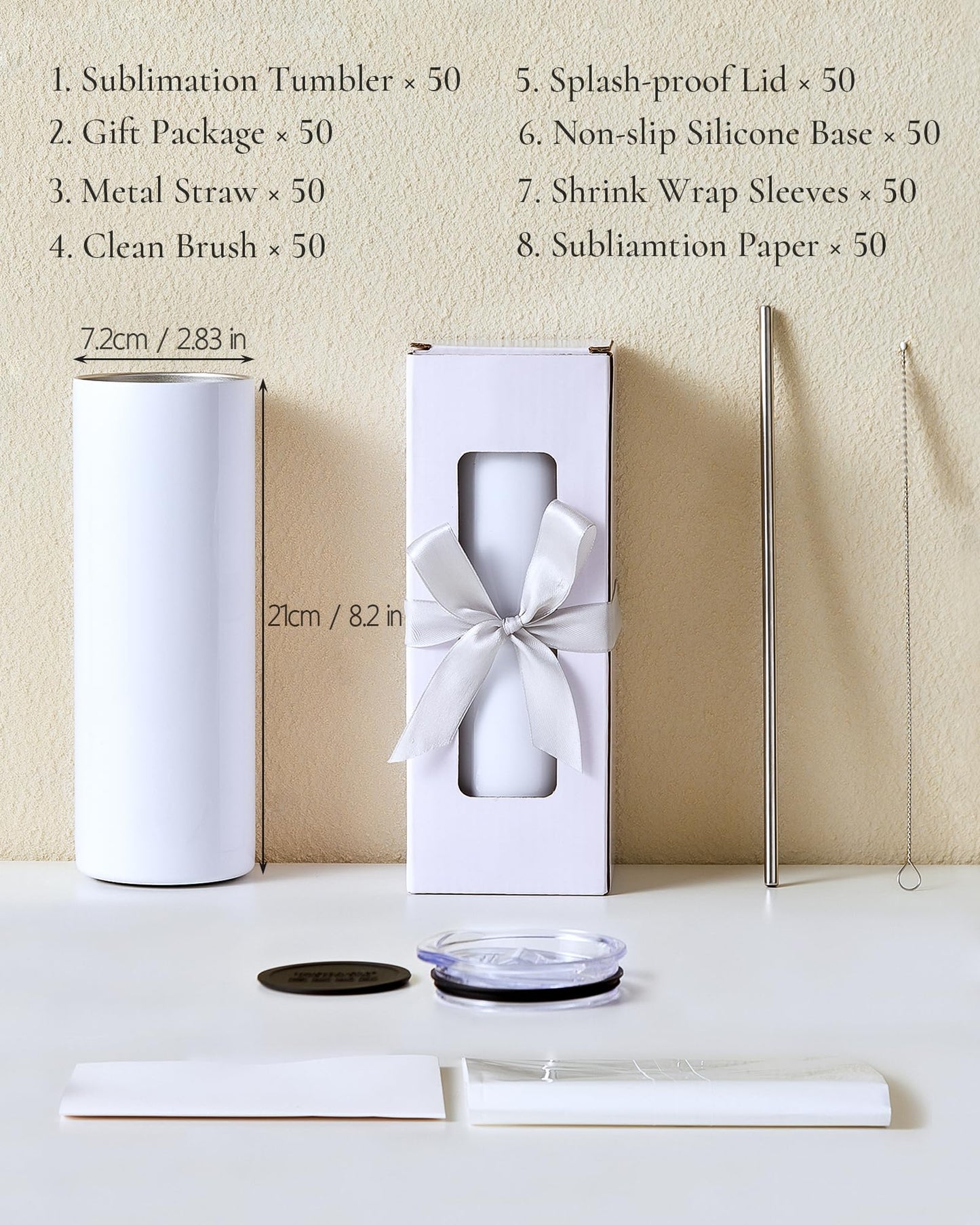 UIRZOTN 50 Pack 20oz Sublimation Tumbler Blanks Skinny Straight in Bulk, Stainless Steel Insulated Sublimation Tumbler with Polymer Coating for Heat Transfer, With Lid, Straw, ribbon, Gift box
