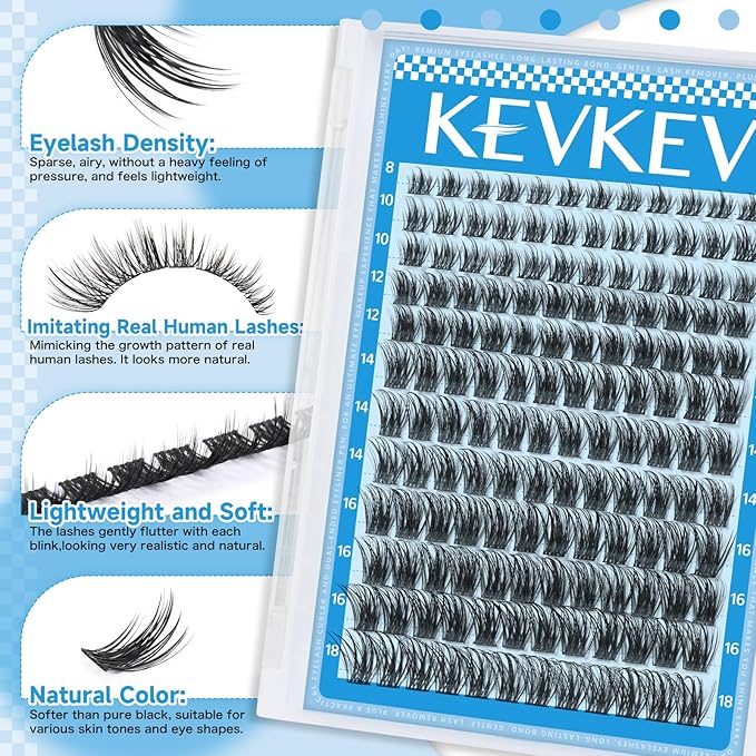 KEVKEV Lash Clusters 144 Pcs Eyelash Clusters Wispy Natural Cluster Eyelash Extension Thin Band & Soft Mix Length Lashes DIY Lash Extensions at Home Easy to Apply(Cloudy,8-18mix)