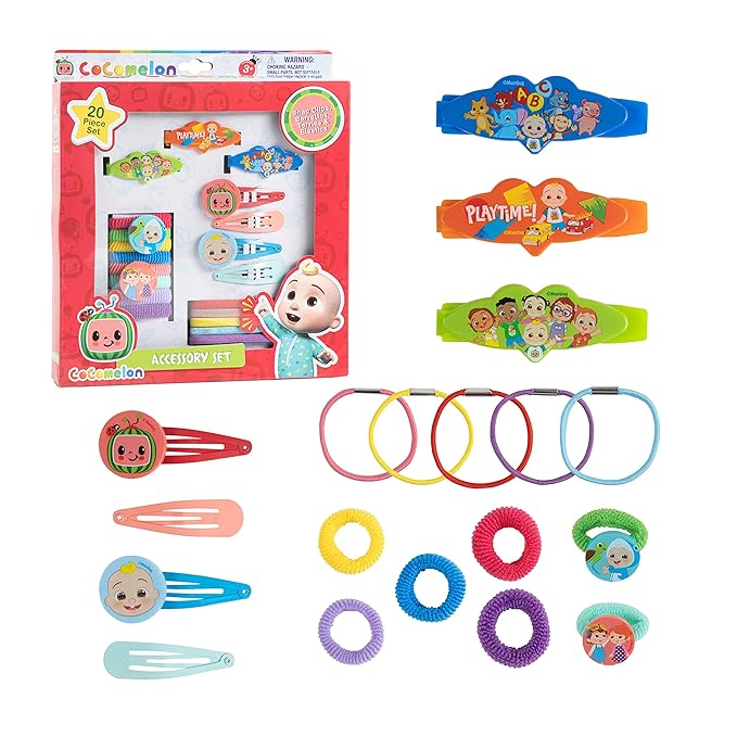 Luv Her CoComelon Girls 20 Piece Accessory Set with 3 Barrettes, 4 Snap Hair Clips, 5 Elastics and 8 Terry Ponies - Ages 3+
