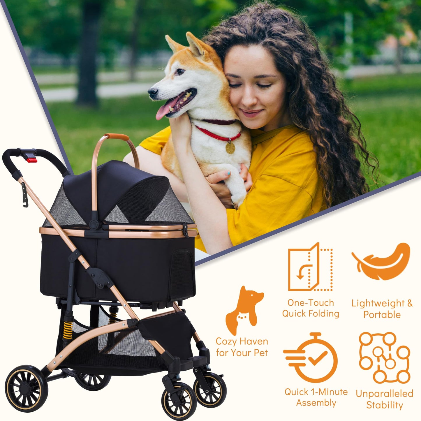 GdnWings Pet Stroller for Small Dogs, Lightweight Small Dog Stroller for Dogs Cats with 6 Shock Absorption System, Detachable Carrier Suitable for Car Seat & Hand Carry, Safe Outings, Black