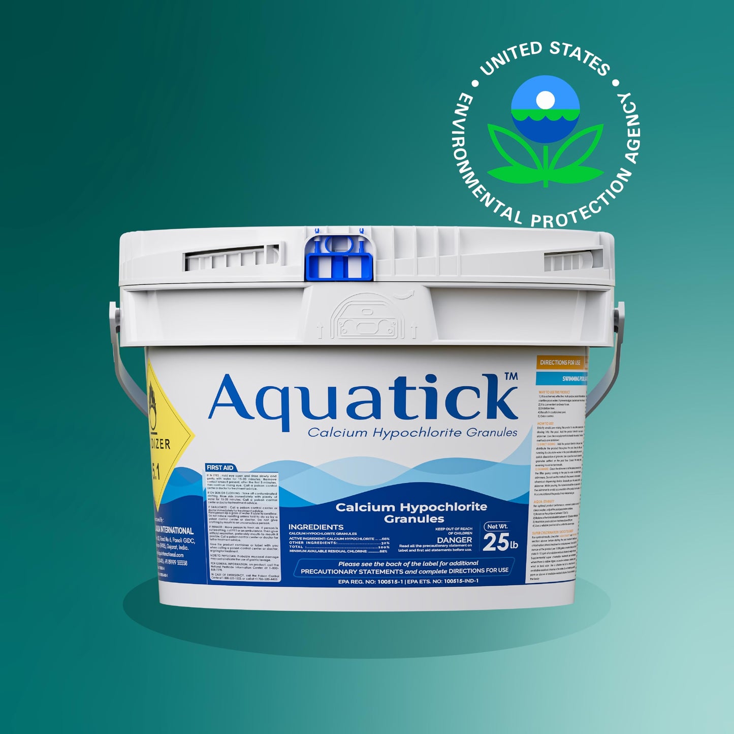 AquaTick 68% Calcium Hypochlorite Pool Shock for Swimming Pools – Chlorine Granules 25 lbs Bucket – Pool Chlorine for Inground and Above Ground Pool Treatment – Non-Stabilized Shock Treatment