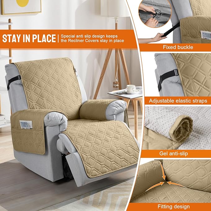 VANSOFY 100% Waterproof Recliner Chair Covers, Recliner Cover Non-Slip Dog Chair Cover Furniture Protector Washable Slipcover with Pocket, Elastic Straps for Pets, Dogs(Sand, 22")