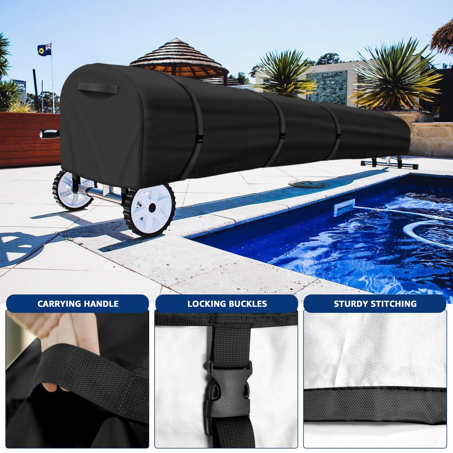 Swimming Pool Solar Reel Cover, 16Ft UV Resistant Inground Pool Solar Protective Blanket Reel Cover 420D Heavy Duty Waterproof Winter Solar Blanket Reel Roller Covers Protector (16 Ft, Black)