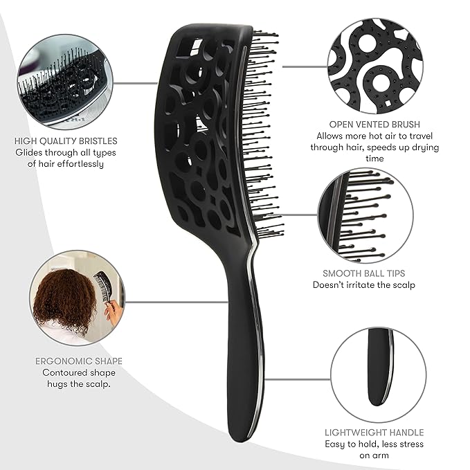 FRAMAR Professional Vented Hair Brush – Curved Hair Brush For Blow Drying, Wet Paddle Brush For Hair, Vent Brush For Blow Drying, Wet Hairbrush For Women – Heat Resistant - Black