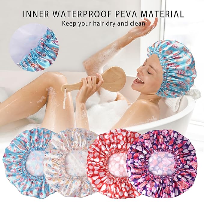 Shower Caps for Women, 4 PCS Elastic and Reusable Bath Caps, Double Layers Shower Cap Reusable Waterproof, Bathing Shower Caps, Environmental Bath Hair Protection Cap - Shell