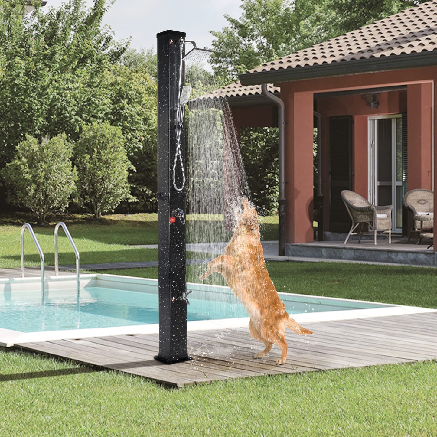 VINGLI 10.6 Gallon Solar Heated Outdoor Shower, 7.2 FT Height, Freestanding Outside Shower with 360° Swivel Shower Head + 6FT Handheld Shower + Foot Faucet, Hot & Cold Water Adjustment, Black