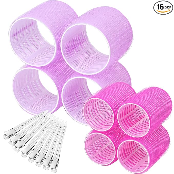 Self Grip Hair Rollers Curlers 16 Pcs Set with 8Pcs Hair Rollers 2 Sizes (4 Jumbo & 4 Large) and 8 Pcs Hair Clips for Long Medium Short Thick Fine Thin Hair Volume
