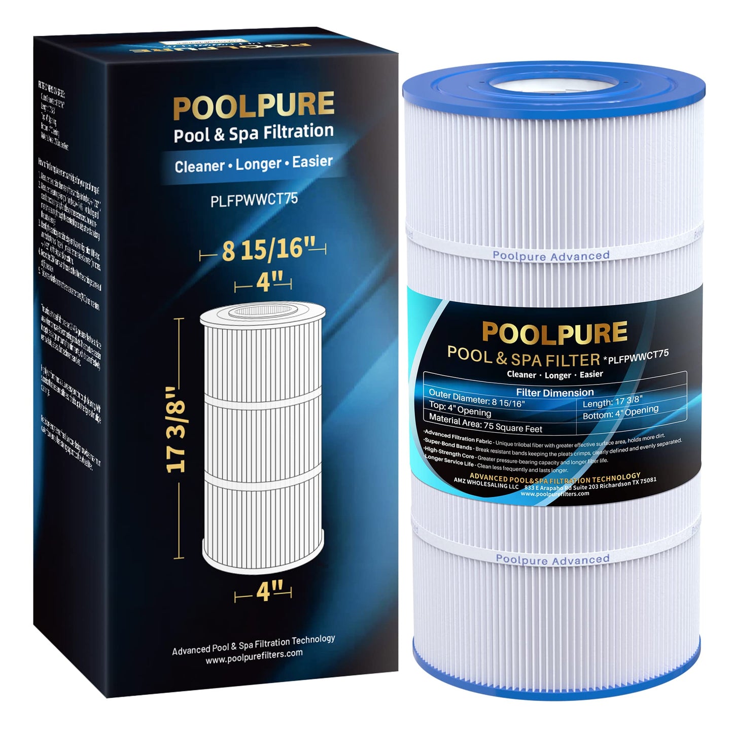 POOLPURE Pool Spa Filter Replaces PWWCT75, Ultral-B6, Unicel C-8411, Filbur FC-1255, Waterway 817-0075N, Waterway Clearwater II 75