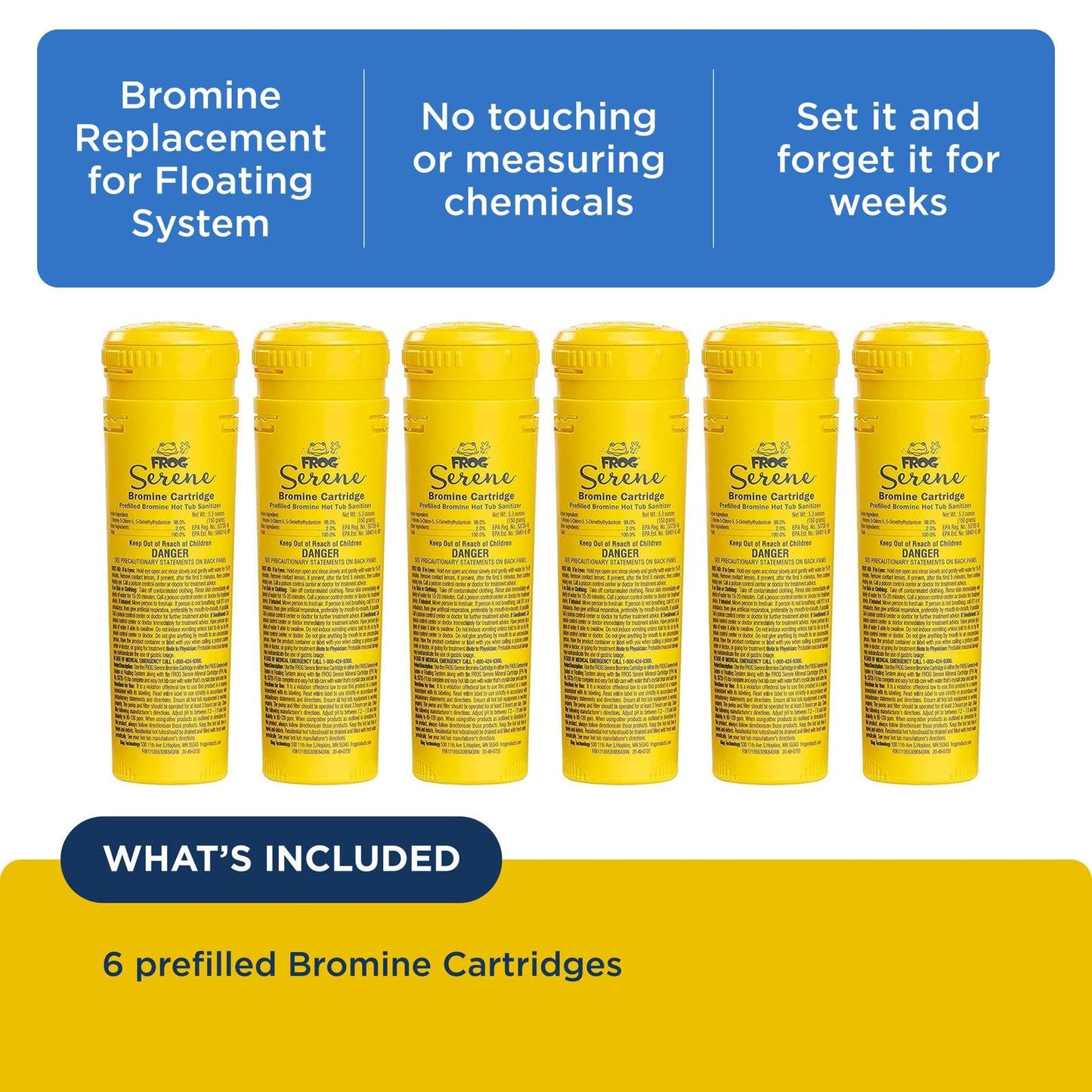 FROG Serene Replacement Bromine Cartridges for use with Hot Tub FROG Serene Floating Sanitizing System - Prefilled for Quick & Easy Hot Tub Maintenance - 6 Pack