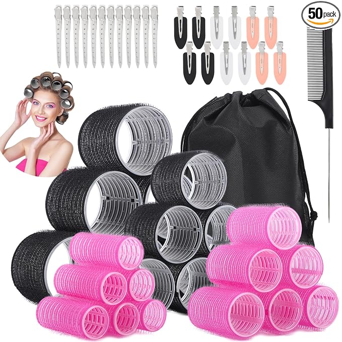 50Piece Hair Rollers Set, Self-Grip Rollers Hair Curlers for Long Medium Short Hair, 4 Sizes of Hair Rolls(6 Jumbo + 6 Large + 6 Medium + 6 Small + 1 Storage Bag), and 24Pcs Clips/1Pcs Comb