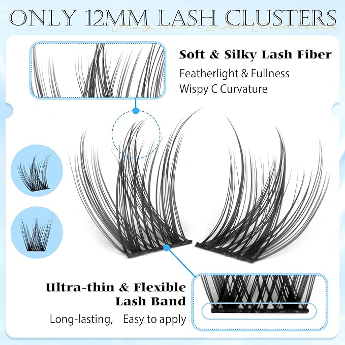 PHKERATA 12mm Wispy Lash Clusters Natural Cluster Eyelash Extensions DIY Individual Lashes C Curvature Eyelash Clusters for Daily Wear with Soft Lash Band