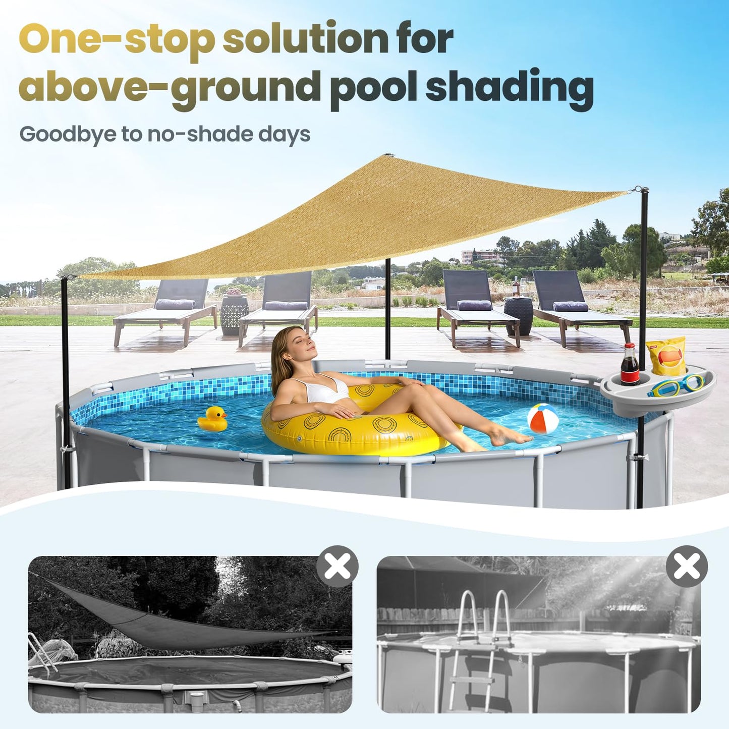 Calanofin Above Ground Pool Shade Set with Storage Tray – UV-Resistant Shade Sail for 15-22 Ft Pools, Outdoor Triangular Canopy with Sun Shade Poles for Deck, Backyard & Pool Essentials (13x13x13 Ft)