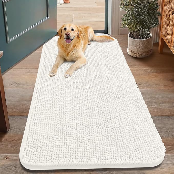 Smiry Dog Door Mat for Muddy Paws 48x30, Absorbs Moisture and Dirt Doormat, Non-Slip Washable Quick Dry Chenille Front Door Mat Indoor Entrance, Entryway Carpet for Inside Floor, Ivory