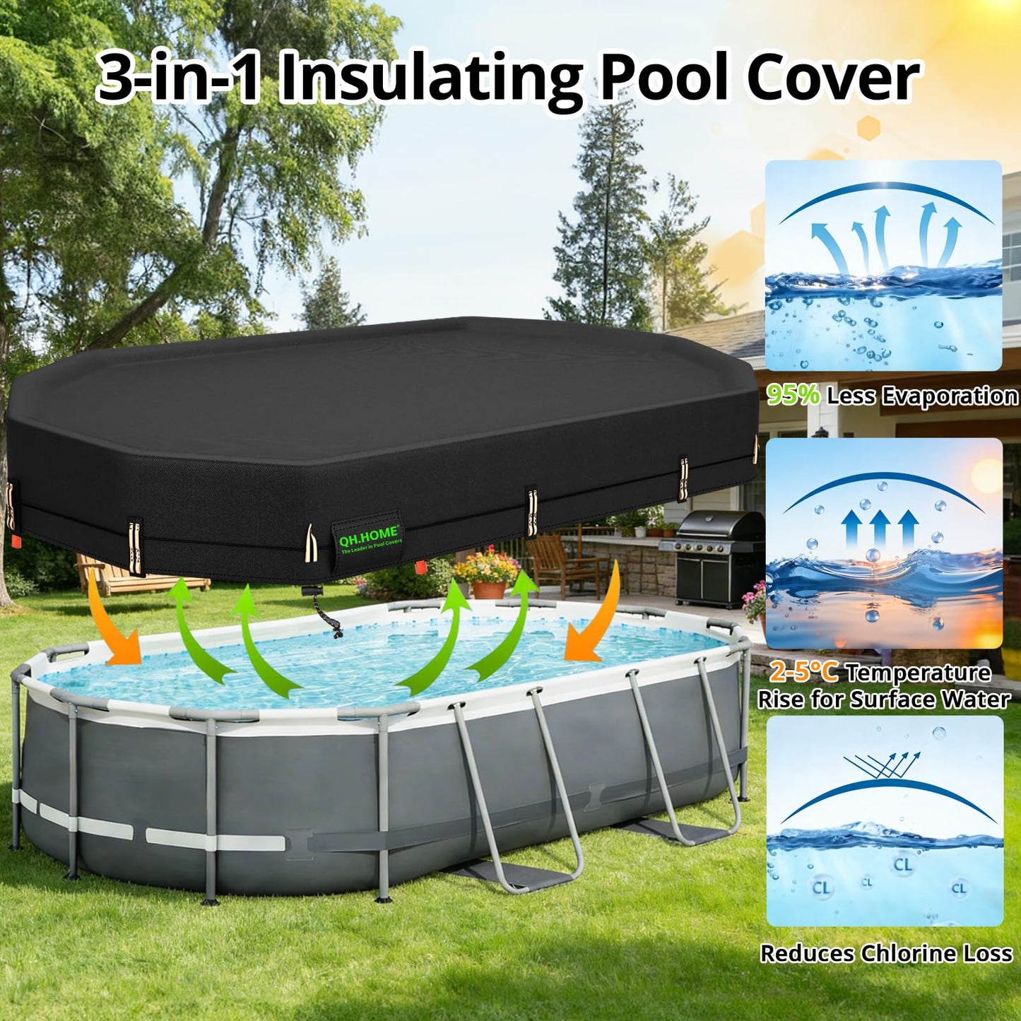 QH.HOME 550D 16x10 Ft Oval Pool Cover [Upgraded Tear Resistant & Quadruple Windpoof] wth Pre-Installed Patented Winch and Rope,Pool Covers for Above Ground Pools Oval-Snug Fit & Waterproof Protection