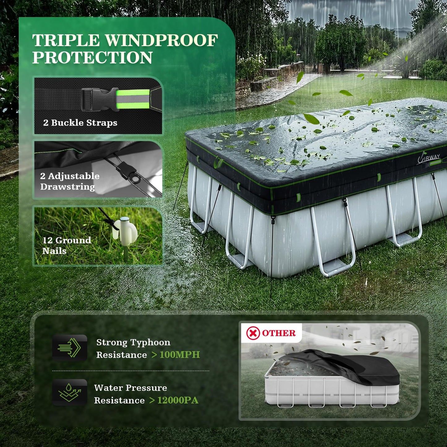UIRWAY 500D Pool Cover 12x24FT Rectangular [2026 Upgraded Heavy Duty Fabric] Solar Pool Covers for Above Ground Pools, Swimming Pool Covers Including Windproof Straps and Luminous Ground, UV Resistant