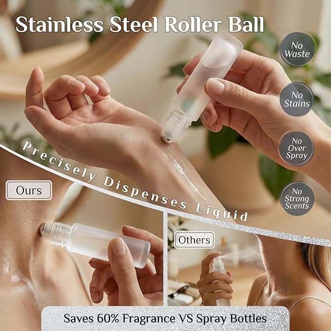 PrettyCare 12 Pack, 10 ml Essential Oil Roller Bottles with Stainless Steel Roller Ball - Refillable Leak-proof Empty Thick Frosted Glass Roll on Bottles with Silver Caps for Travel, Perfume