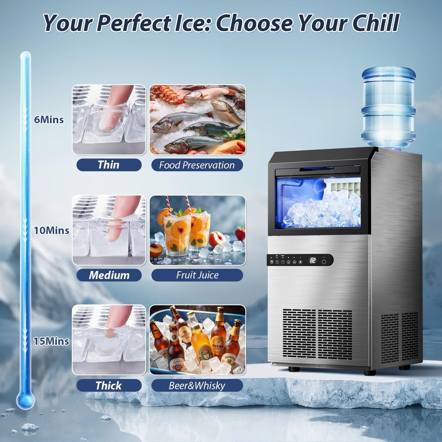 Commercial Ice Maker Machine, 120lbs/24H Stainless Steel Under Counter ice Machine with 45 Ice Cubes/Cycle, 2 Water Inlet Modes, Self Clean, 24H Timer,29LB Storage Bin for Bar, Coffee Shop, Home