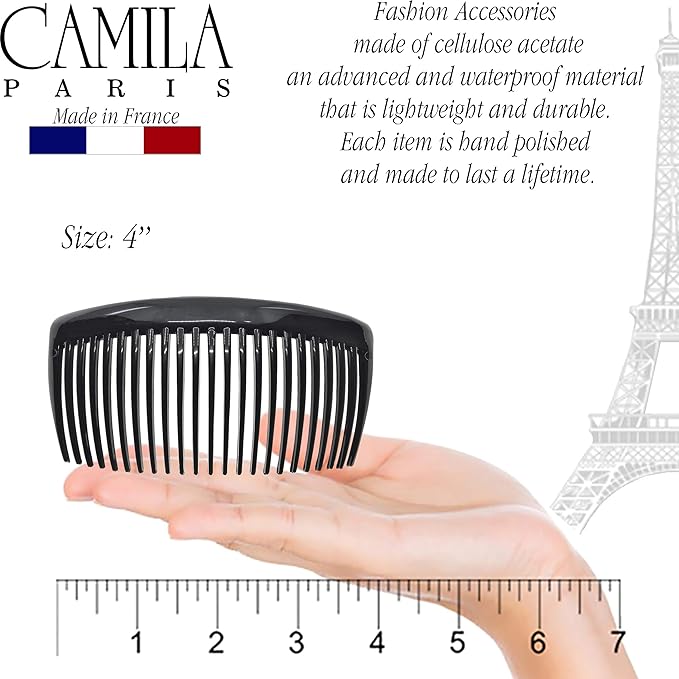 Camila Paris CP2910 French Side Combs Large Curved, Black French Twist Hair Combs Decorative, Strong Hold Hair Clips for Women Bun Chignon Up-Do, No Slip Styling Girls Hair Accessories, Made in France
