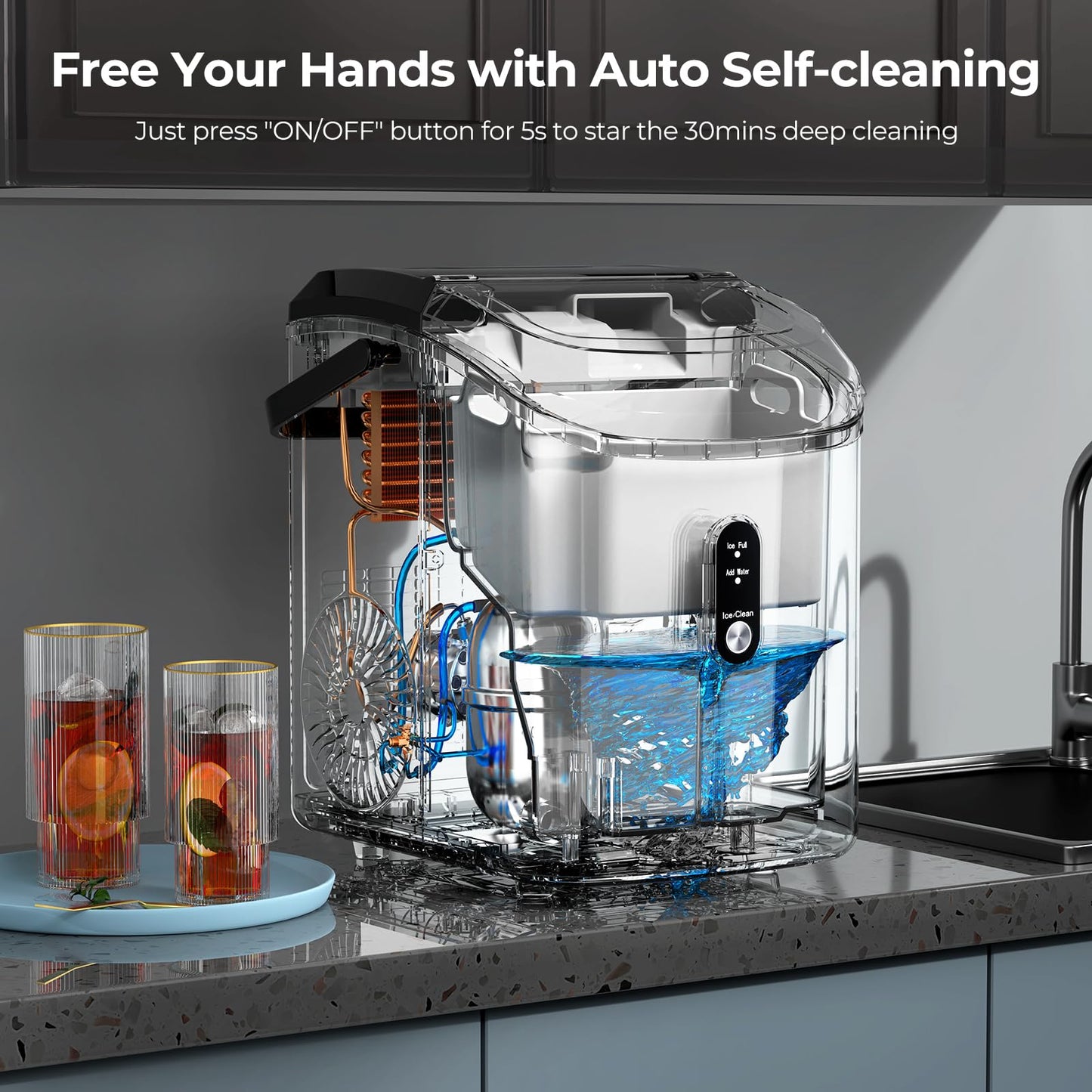 ZAFRO Ice Makers Countertop with Self-Cleaning, 9 Ice Cubes in 6Mins, 26.5lbs/24Hrs, Portable Ice Maker with Ice Scoop and Ice Basket for Kitchen/Home/Bar, White