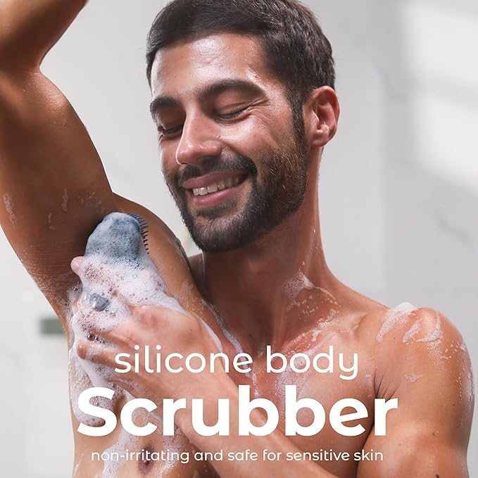 MainBasics Silicone Body Scrubber Dual-Sided Shower Loofah and Massaging Nodes (Dark Blue, Massage)