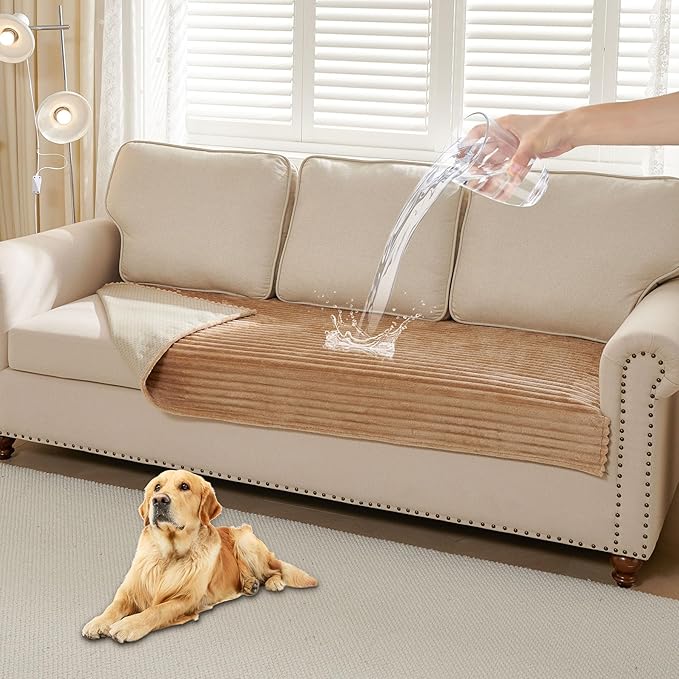 HAOMAIJIA Waterproof Couch Cover for Dogs Washable,Faux Fur Pet Couch Covers for Sofa,Soft Dog Bed Cover Non-Slip Couch Covers for 3 Cushion Couch Sofa Pet Friendly (Khaki, 35" x 95" 1 Pack)