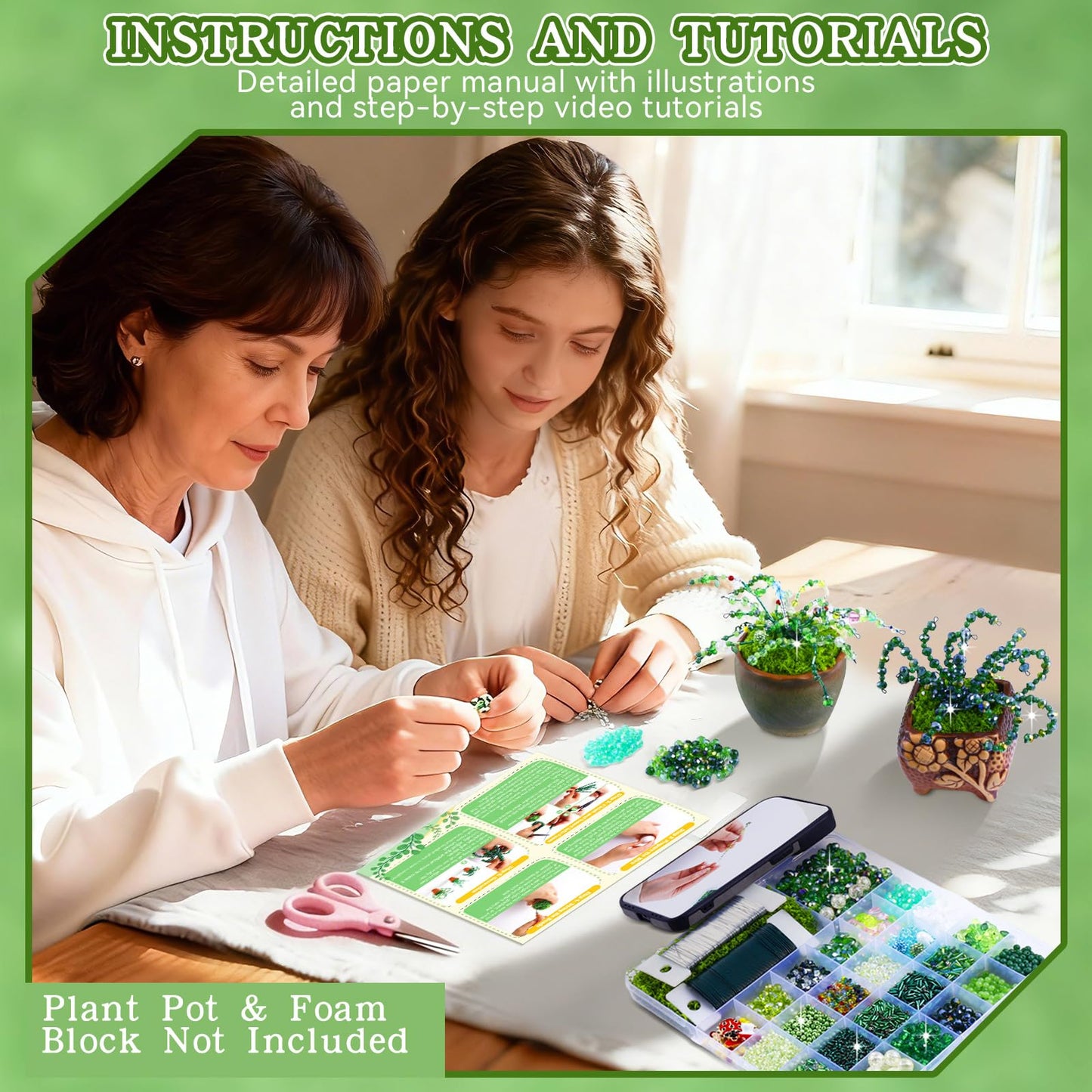 FOGWOWO 5422 Pcs Beaded Plant Kit Forever Plant Kit Green Glass Beads for Plant Making,Green Beads for Beaded Plants with Video Tutorials,Forever Plant Beads Leaf Bead for Jewelry Making DIY Craft