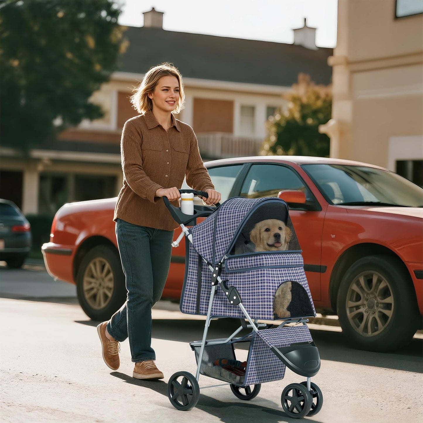 Pet Stroller for Small Dogs 10 lbs, Dog Stroller for Medium Dogs 30 lbs, Cat Strollers for 2 Cats, 3 Wheels Foldable Jogger Puppy Stroller with Storage Basket and Cup Holder, Plaid