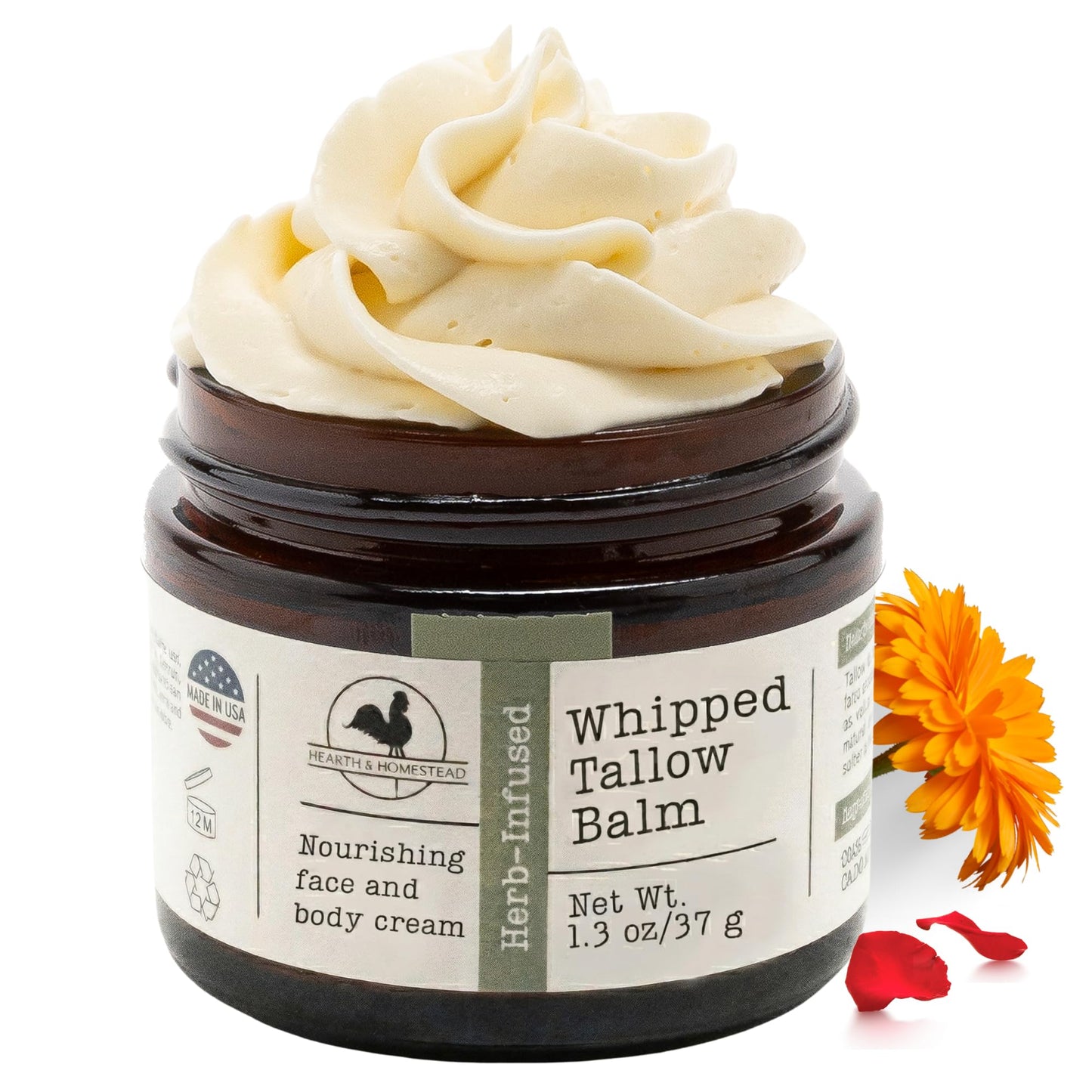 Hearth and Homestead: Handmade Whipped Tallow Balm (Unscented/Herb-Infused) - Organic Body Butter with Infused Olive Oil, for Eczema, Rosacea, Baby - 1.3 oz