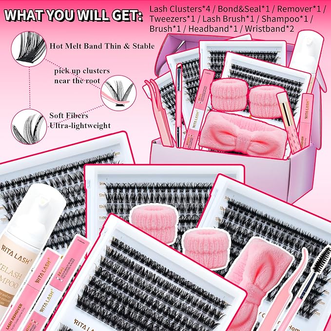 Lash Clusters Kit Eyelash Clusters Kit Cluster Eyelash Extensions Large Pack Lashes Clusters Lash Extension Kit PestaÃÂ±as Postizas Naturales+Lash Bond&Seal,Remover,Tweezers,Cleanser,Tools(Lash Kit-10)