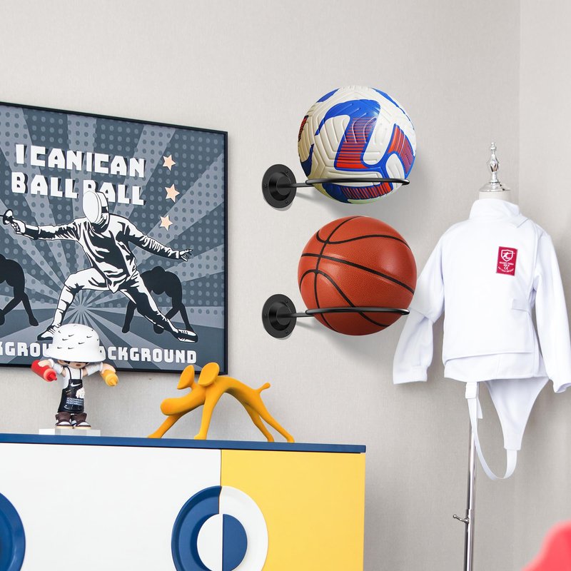 Suchek Metal Ball Holder Rack Wall Mounted, Display Wall Storage for Soccer, Basketball, Volleyball, Rugby, Football (2 Pieces, Black)