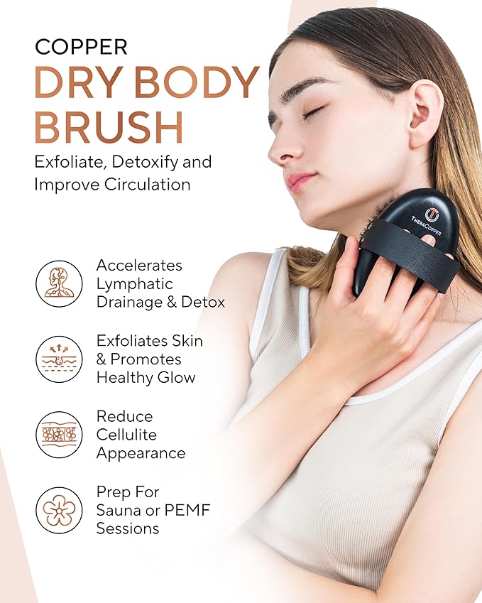TheraCopper Copper Body Brush - Premium Ionic Copper Dry Brushing Body Brush for Lymphatic Drainage - Natural Copper-Bristles for Exfoliation, Cellulite Reduction, Improve Circulation & Radiant Skin