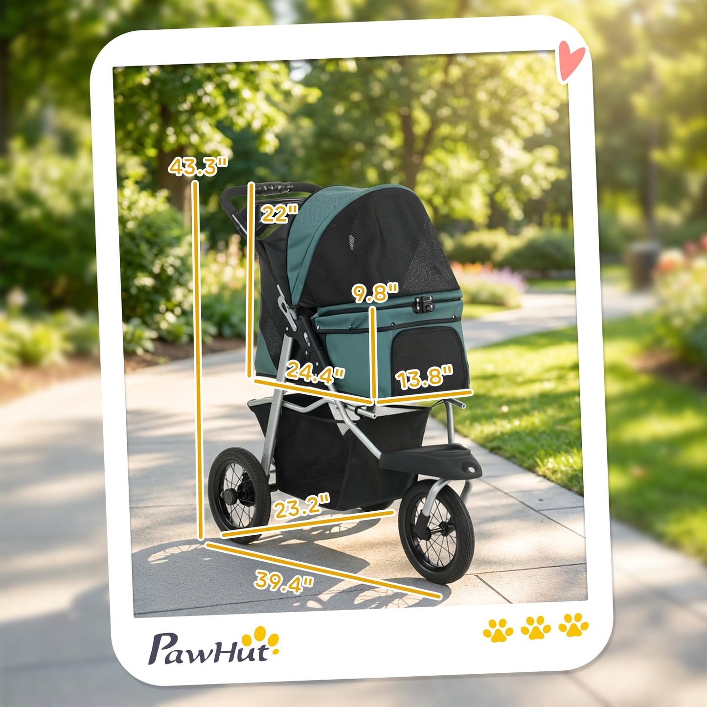 PawHut Dog Stroller for Small Dogs, 3 Wheel Foldable Pet Stroller with 12" Rubber Wheels, Mesh Window, One-Foot Brake, Storage Basket and Cup Holder, Up to 22 LBS, Dark Green