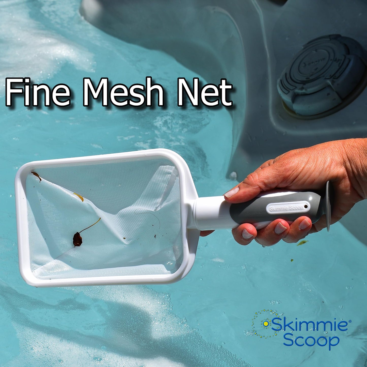 The Skimmie Scoop - Patented Handheld Skimmer with Fine Mesh Net for Spa, Hot Tub, Cold Plunge and Small Pool Cleaning - Lightweight and Durable with Powerful Suction Cup - Clean Out Filter (White)