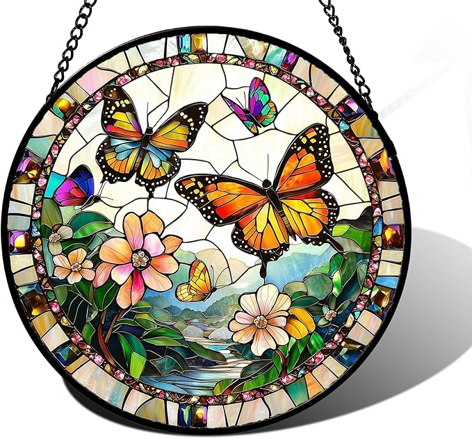 DASTOLL Stained Glass Window Hanging, Butterflies Flying in The Sky Suncatcher for Doors Home Sun Catchers Decoration and Christmas, Mother's Day Birthday Gifts for Women, Men, and Mom 11.8x11.8 in