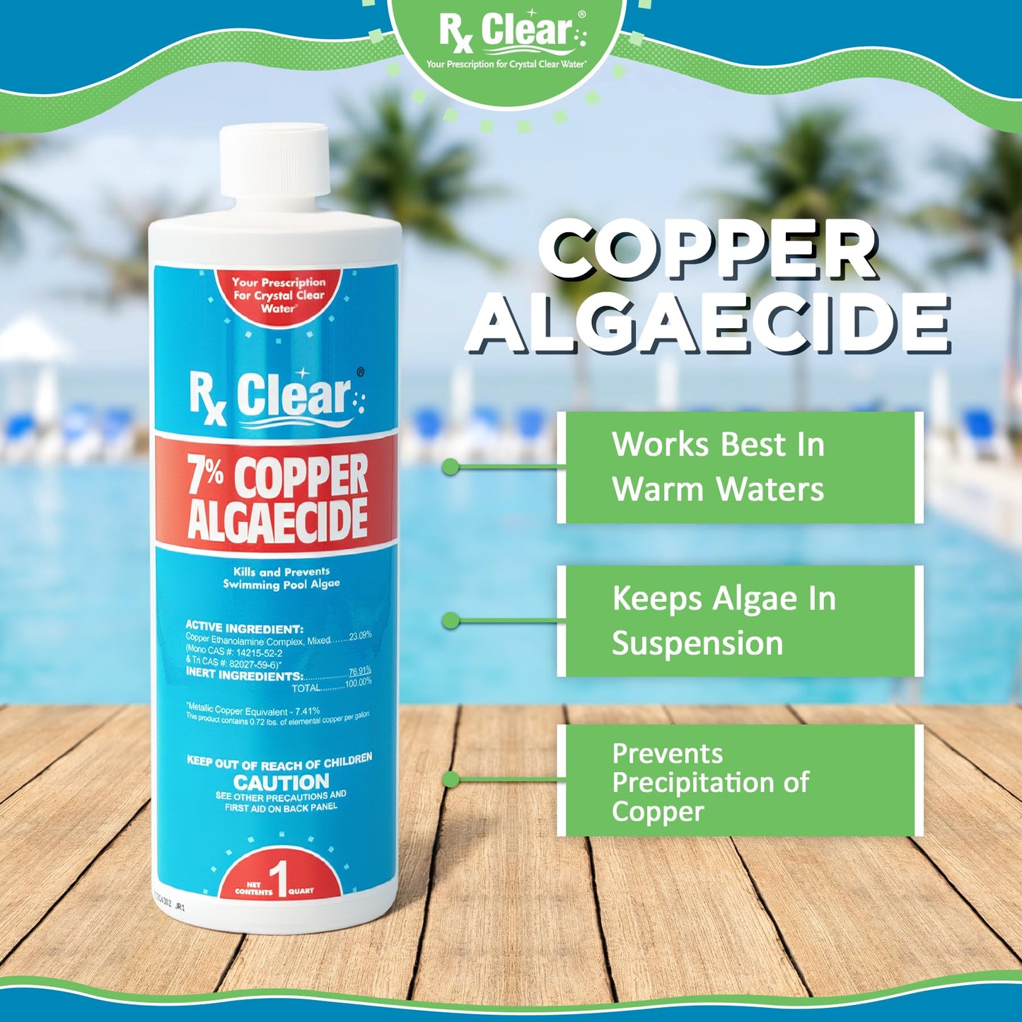 Rx Clear 7% Copper Algaecide | Kills and Prevents Algae for In-Ground and Above Ground Swimming Pools | Safe Formula for Swimmers | One Quart Bottles | 2 Pack