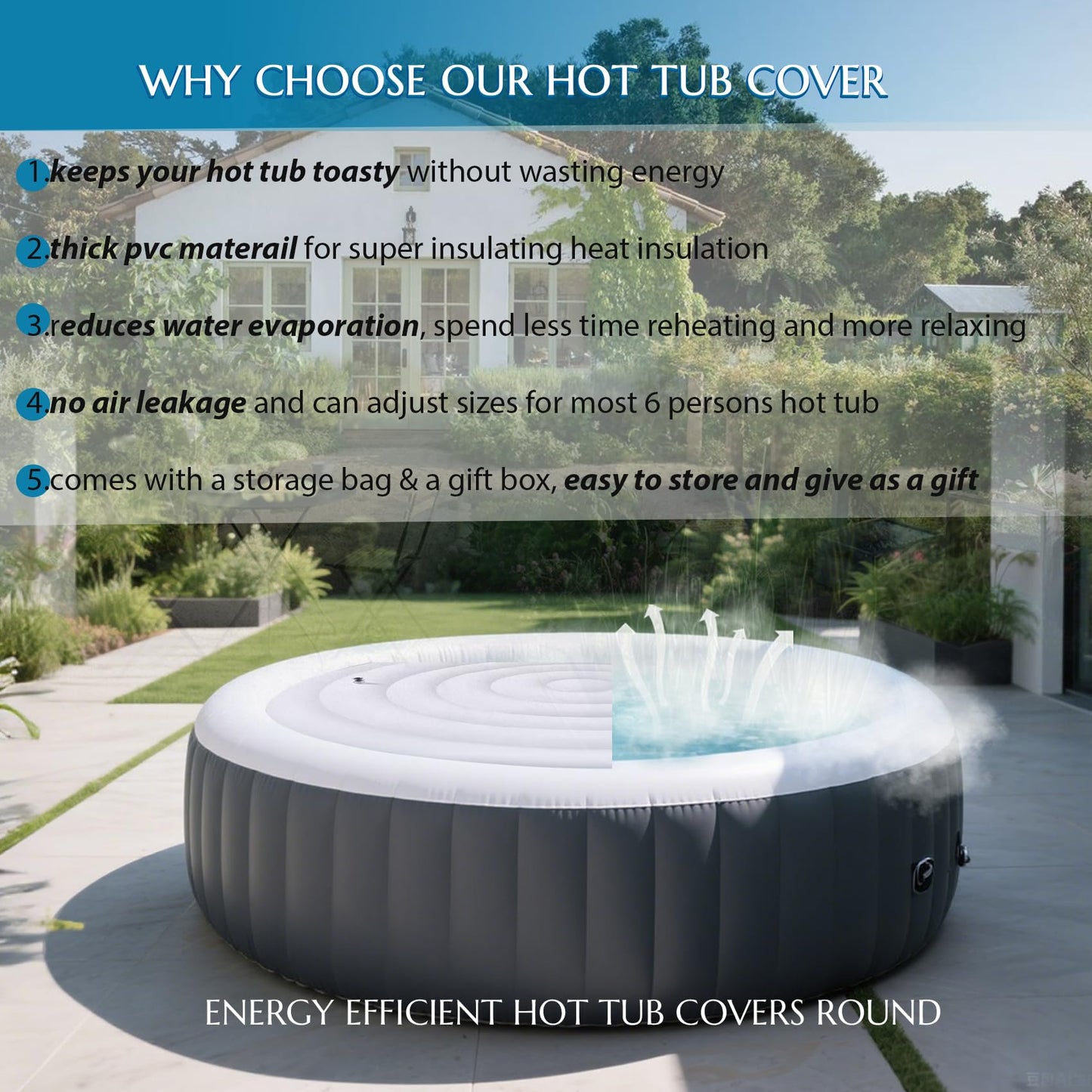 Inflatable Hot Tub Cover Round, Fits Saluspa Coleman Intex Cover, Thermal Insulated & Energy-Saving Weatherproof Protector, Unique Design Flexible Adjust Pool Cover Size Replacement-Life Time Support