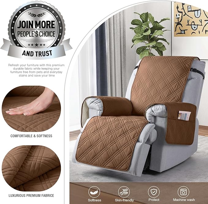 TAOCOCO Waterproof Recliner Chair Covers 30 Inch Wide, Oversized Recliner Covers for Recliner Chair with Pocket, Recliner Slipcovers with Straps Furniture Protector for Kids Pets (30'', Brown)