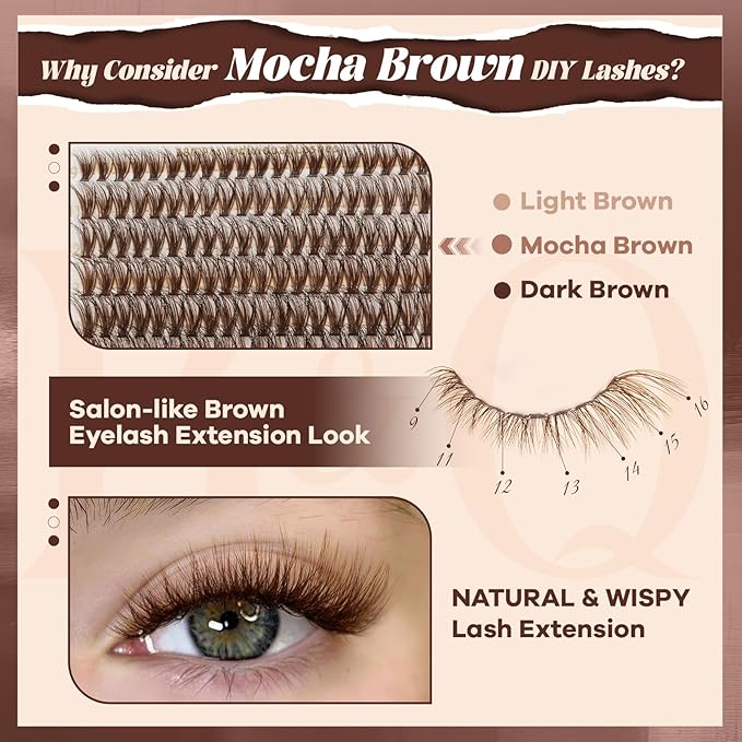 B&Q Mocha Brown Lash Clusters | 280 Pcs Brown Wispy & Natural Eyelash Clusters for Beginner DIY, Complete Lash Extension with Beauty, Fake Eyelashes for Natural Look（40D+50D 9-16mm)