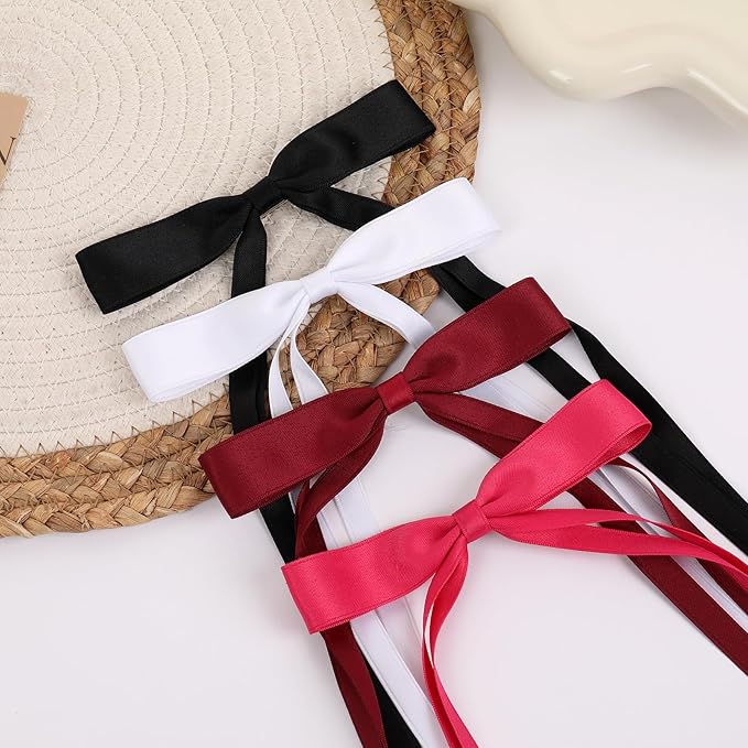 Hair Bows Clips Coquette Ribbon Bowknot with Long Tail Princess Hair Bows French Barrettes Hair Accessories for Women Girls 16PCS (Wine Red, Rose red, White, Black)