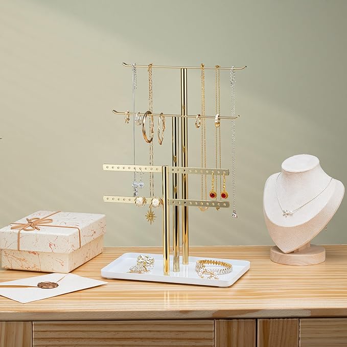 pickpiff Jewelry Stand Holder Organizer: 12.5" Sturdy Hanger for 80 Pcs Jewelry, Jewlery Tower for Display Necklace, Earring, Bracelet, Watch, Mirrored Gold