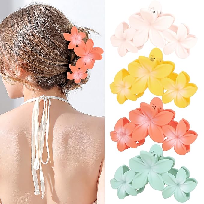 ANBALA 4PCS Flower Hair Accessories: Colorful Hawaiian Plumeria Claw Clips for Thick Hair - Large, Non-Slip, Strong Hold Beach Clips